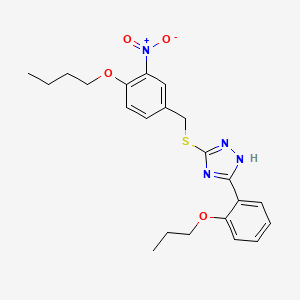 molecular formula C22H26N4O4S B4143066 3-[(4-butoxy-3-nitrophenyl)methylsulfanyl]-5-(2-propoxyphenyl)-1H-1,2,4-triazole 