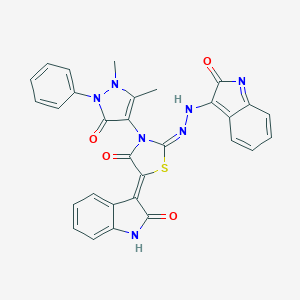 molecular formula C30H21N7O4S B414422 (2E,5Z)-3-(1,5-dimethyl-3-oxo-2-phenylpyrazol-4-yl)-2-[(2-oxoindol-3-yl)hydrazinylidene]-5-(2-oxo-1H-indol-3-ylidene)-1,3-thiazolidin-4-one 