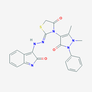 molecular formula C22H18N6O3S B414426 (2Z)-3-(1,5-dimethyl-3-oxo-2-phenylpyrazol-4-yl)-2-[(2-oxoindol-3-yl)hydrazinylidene]-1,3-thiazolidin-4-one 
