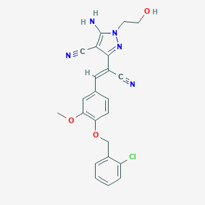 molecular formula C23H20ClN5O3 B414536 5-amino-3-(2-{4-[(2-chlorobenzyl)oxy]-3-methoxyphenyl}-1-cyanovinyl)-1-(2-hydroxyethyl)-1H-pyrazole-4-carbonitrile 