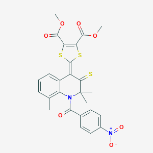 molecular formula C26H22N2O7S3 B414599 dimethyl 2-(1-{4-nitrobenzoyl}-2,2,8-trimethyl-3-thioxo-2,3-dihydro-4(1H)-quinolinylidene)-1,3-dithiole-4,5-dicarboxylate 