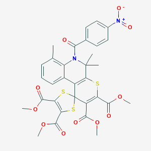 molecular formula C32H28N2O11S3 B414600 Tetramethyl 5',5',7'-trimethyl-6'-[(4-nitrophenyl)carbonyl]-5',6'-dihydrospiro[1,3-dithiole-2,1'-thiopyrano[2,3-c]quinoline]-2',3',4,5-tetracarboxylate 