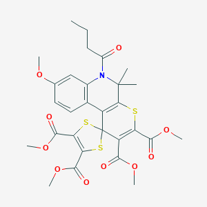 molecular formula C29H31NO10S3 B414601 Tetramethyl 6'-butanoyl-8'-methoxy-5',5'-dimethyl-5',6'-dihydrospiro[1,3-dithiole-2,1'-thiopyrano[2,3-c]quinoline]-2',3',4,5-tetracarboxylate 