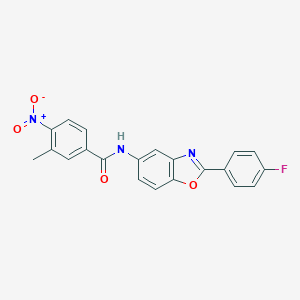 molecular formula C21H14FN3O4 B414639 N-[2-(4-Fluoro-phenyl)-benzooxazol-5-yl]-3-methyl-4-nitro-benzamide 