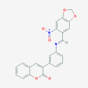 molecular formula C23H14N2O6 B414646 3-{3-[({6-nitro-1,3-benzodioxol-5-yl}methylene)amino]phenyl}-2H-chromen-2-one 