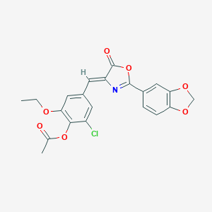 molecular formula C21H16ClNO7 B414662 4-[(2-(1,3-benzodioxol-5-yl)-5-oxo-1,3-oxazol-4(5H)-ylidene)methyl]-2-chloro-6-ethoxyphenyl acetate 