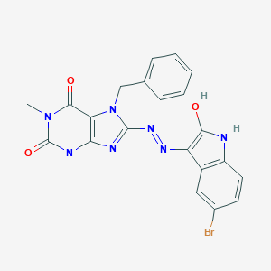 molecular formula C22H18BrN7O3 B414666 7-benzyl-8-[2-(5-bromo-2-oxo-1,2-dihydro-3H-indol-3-ylidene)hydrazino]-1,3-dimethyl-3,7-dihydro-1H-purine-2,6-dione CAS No. 329703-08-4