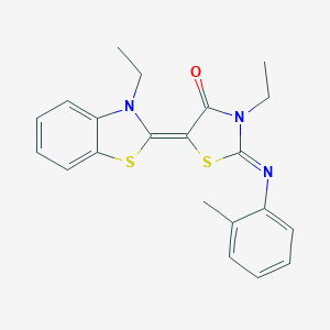 molecular formula C21H21N3OS2 B414684 3-ethyl-5-(3-ethyl-1,3-benzothiazol-2(3H)-ylidene)-2-[(2-methylphenyl)imino]-1,3-thiazolidin-4-one 
