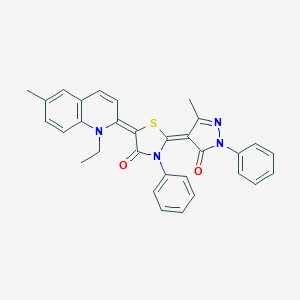 molecular formula C31H26N4O2S B414688 5-(1-ethyl-6-methyl-2(1H)-quinolinylidene)-2-(3-methyl-5-oxo-1-phenyl-1,5-dihydro-4H-pyrazol-4-ylidene)-3-phenyl-1,3-thiazolidin-4-one 