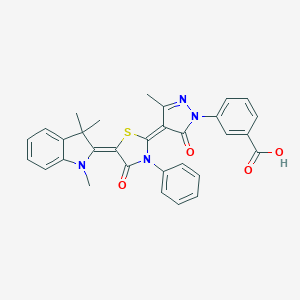 molecular formula C31H26N4O4S B414689 3-{3-methyl-5-oxo-4-[4-oxo-3-phenyl-5-(1,3,3-trimethyl-1,3-dihydro-2H-indol-2-ylidene)-1,3-thiazolidin-2-ylidene]-4,5-dihydro-1H-pyrazol-1-yl}benzoic acid 