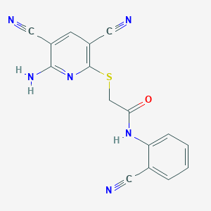 molecular formula C16H10N6OS B414714 2-[(6-amino-3,5-dicyano-2-pyridinyl)sulfanyl]-N-(2-cyanophenyl)acetamide 