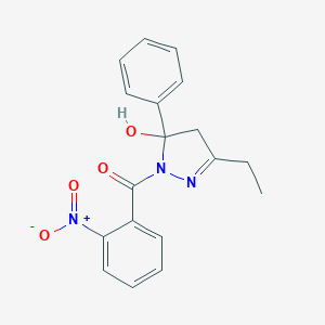 molecular formula C18H17N3O4 B414724 3-ethyl-1-{2-nitrobenzoyl}-5-phenyl-4,5-dihydro-1H-pyrazol-5-ol 