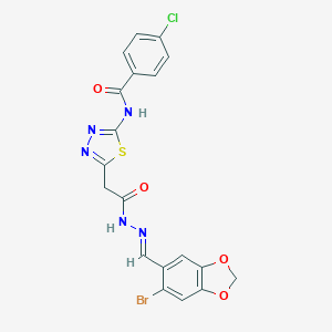 molecular formula C19H13BrClN5O4S B414740 N-[5-(2-{2-[(6-bromo-1,3-benzodioxol-5-yl)methylene]hydrazino}-2-oxoethyl)-1,3,4-thiadiazol-2-yl]-4-chlorobenzamide 