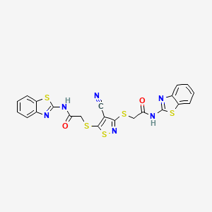 N-(1,3-BENZOTHIAZOL-2-YL)-2-{[3-({[(1,3-BENZOTHIAZOL-2-YL)CARBAMOYL]METHYL}SULFANYL)-4-CYANO-1,2-THIAZOL-5-YL]SULFANYL}ACETAMIDE