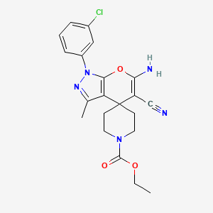 Ethyl 6'-amino-1'-(3-chlorophenyl)-5'-cyano-3'-methylspiro[piperidine-4,4'-pyrano[2,3-c]pyrazole]-1-carboxylate