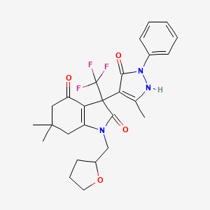 6,6-Dimethyl-3-(5-methyl-3-oxo-2-phenyl-2,3-dihydro-1H-pyrazol-4-YL)-1-[(oxolan-2-YL)methyl]-3-(trifluoromethyl)-2,3,4,5,6,7-hexahydro-1H-indole-2,4-dione