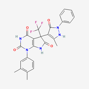 molecular formula C25H20F3N5O4 B4148240 1-(3,4-dimethylphenyl)-5-(5-methyl-3-oxo-2-phenyl-2,3-dihydro-1H-pyrazol-4-yl)-5-(trifluoromethyl)-5,7-dihydro-1H-pyrrolo[2,3-d]pyrimidine-2,4,6(3H)-trione 