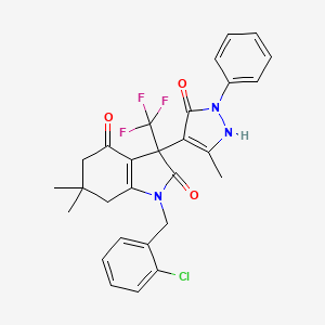 1-[(2-Chlorophenyl)methyl]-6,6-dimethyl-3-(5-methyl-3-oxo-2-phenyl-2,3-dihydro-1H-pyrazol-4-YL)-3-(trifluoromethyl)-2,3,4,5,6,7-hexahydro-1H-indole-2,4-dione