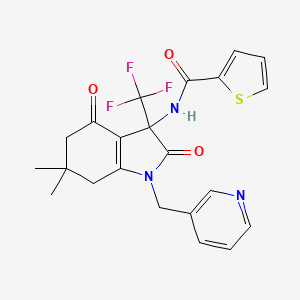 molecular formula C22H20F3N3O3S B4148492 N-{6,6-Dimethyl-2,4-dioxo-1-[(pyridin-3-YL)methyl]-3-(trifluoromethyl)-2,3,4,5,6,7-hexahydro-1H-indol-3-YL}thiophene-2-carboxamide 