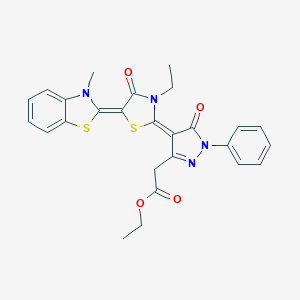 molecular formula C26H24N4O4S2 B414876 ethyl {4-[3-ethyl-5-(3-methyl-1,3-benzothiazol-2(3H)-ylidene)-4-oxo-1,3-thiazolidin-2-ylidene]-5-oxo-1-phenyl-4,5-dihydro-1H-pyrazol-3-yl}acetate 