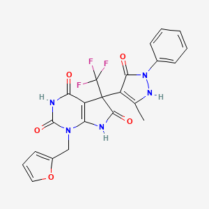 molecular formula C22H16F3N5O5 B4149045 1-[(Furan-2-YL)methyl]-5-(5-methyl-3-oxo-2-phenyl-2,3-dihydro-1H-pyrazol-4-YL)-5-(trifluoromethyl)-1H,2H,3H,4H,5H,6H,7H-pyrrolo[2,3-D]pyrimidine-2,4,6-trione 