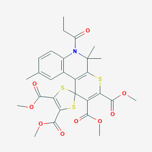 molecular formula C28H29NO9S3 B414966 Tetramethyl 5',5',9'-trimethyl-6'-propanoyl-5',6'-dihydrospiro[1,3-dithiole-2,1'-thiopyrano[2,3-c]quinoline]-2',3',4,5-tetracarboxylate 