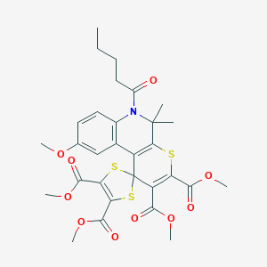 molecular formula C30H33NO10S3 B414968 Tetramethyl 9'-methoxy-5',5'-dimethyl-6'-pentanoyl-5',6'-dihydrospiro[1,3-dithiole-2,1'-thiopyrano[2,3-c]quinoline]-2',3',4,5-tetracarboxylate 