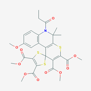 molecular formula C28H29NO10S3 B414969 Tetramethyl 9'-methoxy-5',5'-dimethyl-6'-propanoyl-5',6'-dihydrospiro[1,3-dithiole-2,1'-thiopyrano[2,3-c]quinoline]-2',3',4,5-tetracarboxylate 