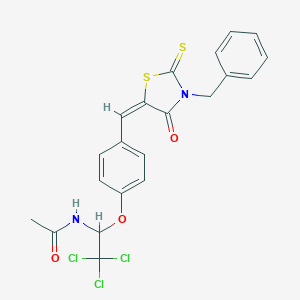 molecular formula C21H17Cl3N2O3S2 B415028 N-[1-[4-[(E)-(3-benzyl-4-oxo-2-sulfanylidene-1,3-thiazolidin-5-ylidene)methyl]phenoxy]-2,2,2-trichloroethyl]acetamide CAS No. 325480-20-4