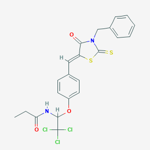 molecular formula C22H19Cl3N2O3S2 B415031 N-(1-{4-[(3-benzyl-4-oxo-2-thioxo-1,3-thiazolidin-5-ylidene)methyl]phenoxy}-2,2,2-trichloroethyl)propanamide 