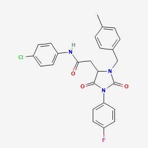 N-(4-chlorophenyl)-2-[1-(4-fluorophenyl)-3-[(4-methylphenyl)methyl]-2,5-dioxoimidazolidin-4-yl]acetamide