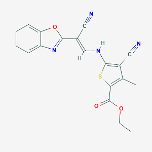 molecular formula C19H14N4O3S B415093 Ethyl 5-{[2-(1,3-benzoxazol-2-yl)-2-cyanovinyl]amino}-4-cyano-3-methyl-2-thiophenecarboxylate 