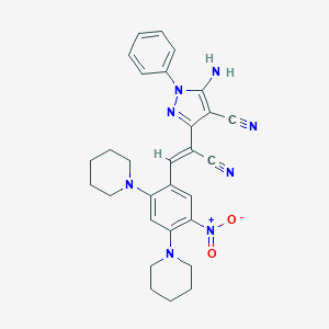 molecular formula C29H30N8O2 B415140 5-amino-3-{1-cyano-2-[5-nitro-2,4-di(1-piperidinyl)phenyl]vinyl}-1-phenyl-1H-pyrazole-4-carbonitrile 