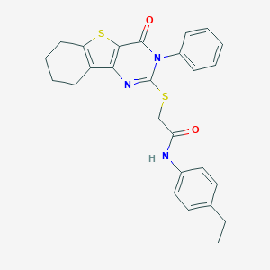 molecular formula C26H25N3O2S2 B415141 N-(4-ethylphenyl)-2-[(4-oxo-3-phenyl-3,4,6,7,8,9-hexahydro[1]benzothieno[3,2-d]pyrimidin-2-yl)sulfanyl]acetamide 