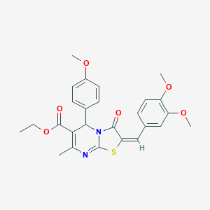 molecular formula C26H26N2O6S B415156 ethyl (2E)-2-[(3,4-dimethoxyphenyl)methylidene]-5-(4-methoxyphenyl)-7-methyl-3-oxo-5H-[1,3]thiazolo[3,2-a]pyrimidine-6-carboxylate CAS No. 300723-18-6