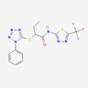 molecular formula C14H12F3N7OS2 B4151863 2-[(1-PHENYL-1H-1,2,3,4-TETRAAZOL-5-YL)SULFANYL]-N~1~-[5-(TRIFLUOROMETHYL)-1,3,4-THIADIAZOL-2-YL]BUTANAMIDE 