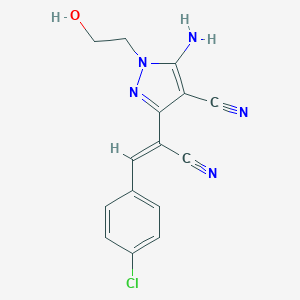 molecular formula C15H12ClN5O B415209 5-amino-3-[2-(4-chlorophenyl)-1-cyanovinyl]-1-(2-hydroxyethyl)-1H-pyrazole-4-carbonitrile 