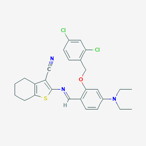 molecular formula C27H27Cl2N3OS B415215 2-{[2-[(2,4-Dichlorobenzyl)oxy]-4-(diethylamino)benzylidene]amino}-4,5,6,7-tetrahydro-1-benzothiophene-3-carbonitrile 