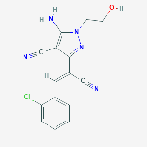 molecular formula C15H12ClN5O B415224 5-amino-3-[2-(2-chlorophenyl)-1-cyanovinyl]-1-(2-hydroxyethyl)-1H-pyrazole-4-carbonitrile 
