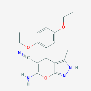 molecular formula C18H20N4O3 B415267 6-amino-4-(2,5-diethoxyphenyl)-3-methyl-4H-pyrano[3,2-d]pyrazole-5-carbonitril e 
