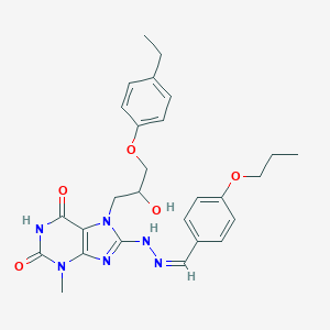 molecular formula C27H32N6O5 B415271 4-propoxybenzaldehyde {7-[3-(4-ethylphenoxy)-2-hydroxypropyl]-3-methyl-2,6-dioxo-2,3,6,7-tetrahydro-1H-purin-8-yl}hydrazone 