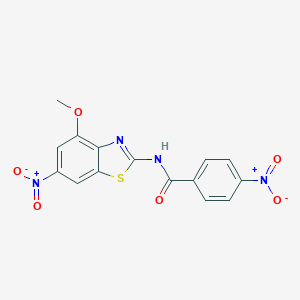 molecular formula C15H10N4O6S B415313 4-nitro-N-{6-nitro-4-methoxy-1,3-benzothiazol-2-yl}benzamide 