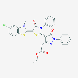 molecular formula C30H23ClN4O4S2 B415345 ethyl {4-[5-(5-chloro-3-methyl-1,3-benzothiazol-2(3H)-ylidene)-4-oxo-3-phenyl-1,3-thiazolidin-2-ylidene]-5-oxo-1-phenyl-4,5-dihydro-1H-pyrazol-3-yl}acetate 