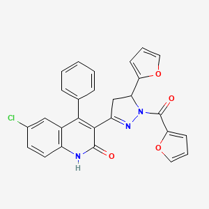 6-chloro-3-[2-(furan-2-carbonyl)-3-(furan-2-yl)-3,4-dihydropyrazol-5-yl]-4-phenyl-1H-quinolin-2-one