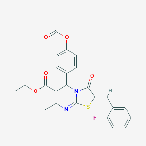 molecular formula C25H21FN2O5S B415380 ethyl 5-[4-(acetyloxy)phenyl]-2-(2-fluorobenzylidene)-7-methyl-3-oxo-2,3-dihydro-5H-[1,3]thiazolo[3,2-a]pyrimidine-6-carboxylate 