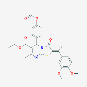 molecular formula C27H26N2O7S B415381 ethyl 5-[4-(acetyloxy)phenyl]-2-(3,4-dimethoxybenzylidene)-7-methyl-3-oxo-2,3-dihydro-5H-[1,3]thiazolo[3,2-a]pyrimidine-6-carboxylate 
