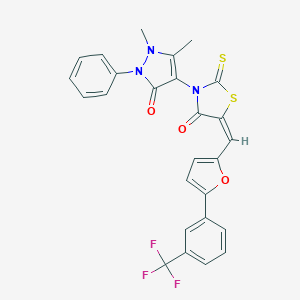 (5E)-3-(1,5-dimethyl-3-oxo-2-phenylpyrazol-4-yl)-2-sulfanylidene-5-[[5-[3-(trifluoromethyl)phenyl]furan-2-yl]methylidene]-1,3-thiazolidin-4-one