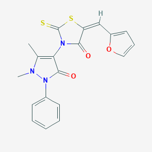 molecular formula C19H15N3O3S2 B415409 3-(1,5-dimethyl-3-oxo-2-phenyl-2,3-dihydro-1H-pyrazol-4-yl)-5-[(E)-1-(2-furyl)methylidene]-2-thioxo-1,3-thiazolan-4-one 
