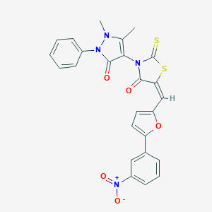 (5E)-3-(1,5-dimethyl-3-oxo-2-phenylpyrazol-4-yl)-5-[[5-(3-nitrophenyl)furan-2-yl]methylidene]-2-sulfanylidene-1,3-thiazolidin-4-one