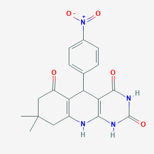 molecular formula C19H18N4O5 B415437 5-{4-nitrophenyl}-8,8-dimethyl-5,8,9,10-tetrahydropyrimido[4,5-b]quinoline-2,4,6(1H,3H,7H)-trione 